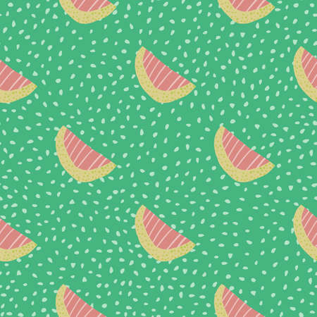 Waterlemon slices seamless doodle pattern. Fruit shapes in pink color on light turquoise background...