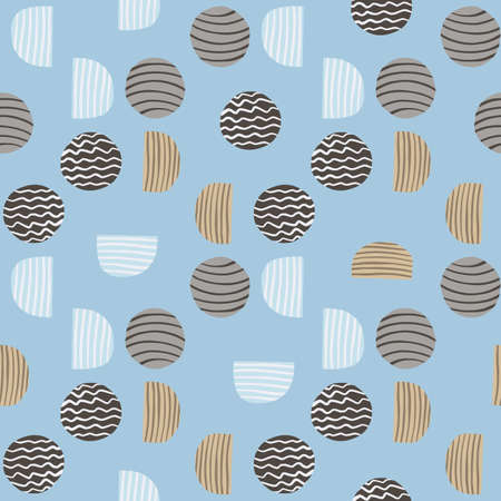 Simple geometric circles hand drawn pattern. Stripped figures in beige and brown tones on blue background. Great for wallpaper, textile, wrapping paper, fabric print. Vector illustration.のイラスト素材