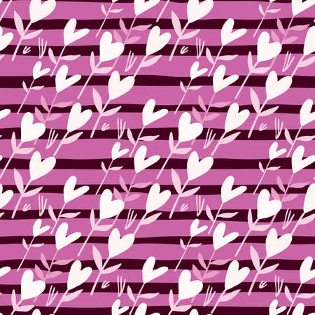 Valentine seamless pattern with abstract flower elements. White heart silhouettes on purple background with strips. Designed for wallpaper, textile, wrapping paper, fabric print. Vector illustration.のイラスト素材