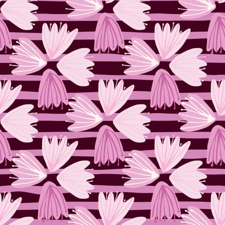 Seamless pattern with doodle tulip silhouettes. Bud elements in light colors on purple and lilac stripped background. Perfect for wallpaper, textile, wrapping paper, fabric print. Vector illustration.のイラスト素材