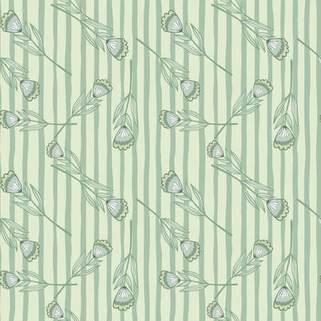 Seamless pale pattern with little contoured flowers. Simple floral print with stripped background in green tones.のイラスト素材