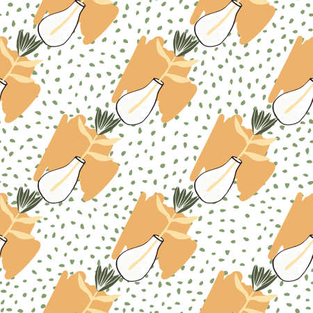 Simple flowers in a vase seamless botanic pattern. White background with dots and orange spots.のイラスト素材