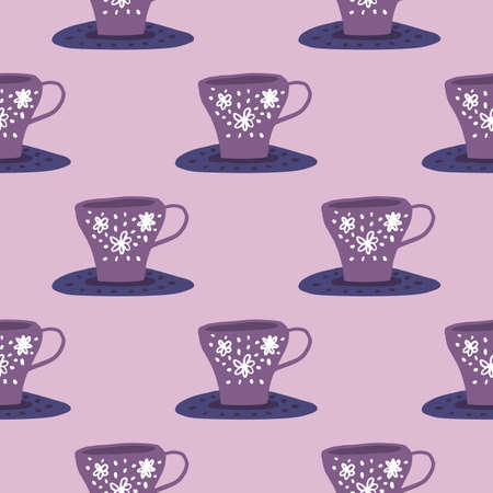 Simple kitchen ornament pattern with cups on liquids. Purple and lilac palette. Stylized doodle print.のイラスト素材