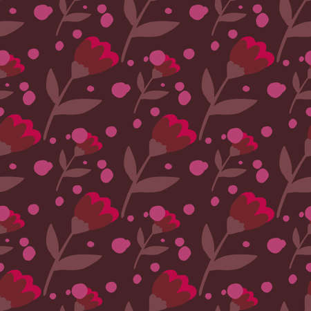 Seamless pattern with hand drawn folk flower ornament. Red botanic elements on dark maroon background with pink dots.のイラスト素材
