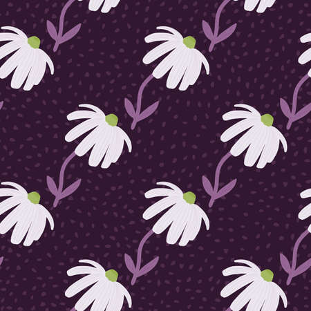 Simple flower silhouette seamless doodle pattern. Chamomile white ornament on dark purple background with dots.のイラスト素材