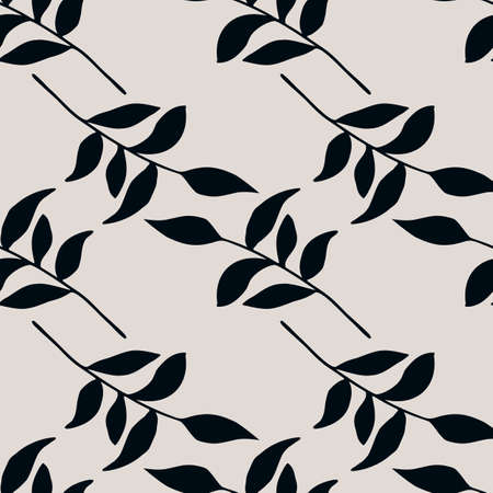 Black foliage silhouette botanic doodle seamless pattern. Soft pastel light background. Stylized artwork. Great for wallpaper, textile, wrapping paper, fabric print. Vector illustration.のイラスト素材
