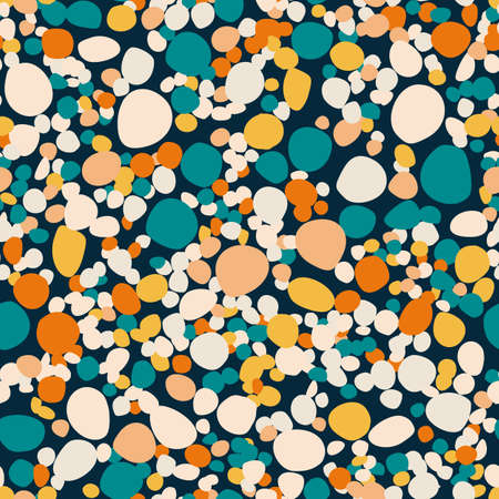 Multicolor pebble seamless bright pattern. Colorful figures on black background. Stylized print. Decorative backdrop for wallpaper, textile, wrapping paper, fabric print. Vector illustration.のイラスト素材