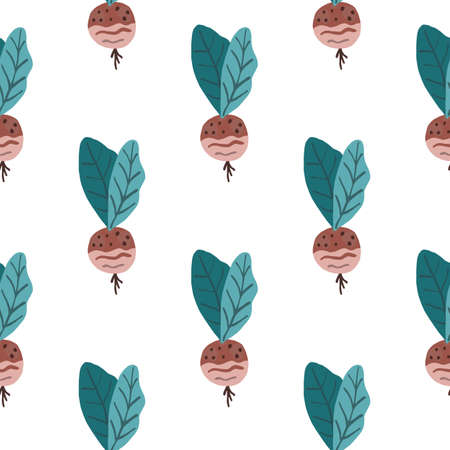 Simple vegetable seamless pattern with radish. Maroon vegan food with turquoise leaves on white background. Backdrop for wallpaper, textile, wrapping paper, fabric print. Vector illustration.のイラスト素材
