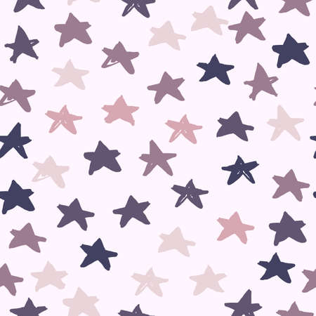 Multicolor star ornament seamless pattern. Hand drawn doodle elements in navy, pink and purple soft tones on white background. Designed for wallpaper, textile, wrapping, fabric. Vector illustration.のイラスト素材