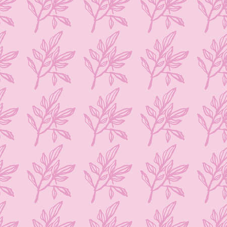 Lilac contoured botanic branches seamless pattern. Simple botanic ornament on soft pink background. Great for wallpaper, textile, wrapping paper, fabric print. Vector illustration.のイラスト素材