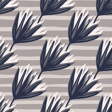 Seamless pattern with floral bud ornament. Dark navy blue and white tones flowers on stripped background. Design for wallpaper, textile, wrapping paper, fabric print. Vector illustration.のイラスト素材