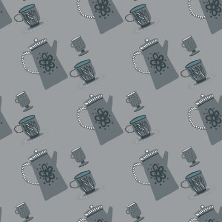 Pale seamless doodle pattern with tea ceremony ornament. Gray palette dishes print. Decorative print for wallpaper, textile, wrapping paper, fabric print. illustration.のイラスト素材