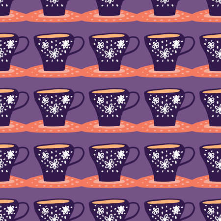Bright serving seamless pattern with orange liquid and navy dark cup silhouettes with flower ornament. Purple background. Great for wallpaper, textile, wrapping paper, fabric. illustration.のイラスト素材