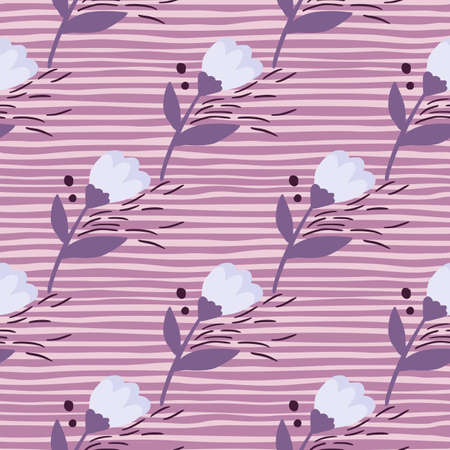 Seamless retro folk flower pattern. Lilac stripped background. Purple and light tones botanic shapes. Perfect for wallpaper, textile, wrapping paper, fabric print. illustration.のイラスト素材