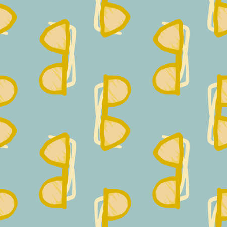 Summer seamless pattern with yellow sunglasses print. Blue soft background. Stylized hipster...