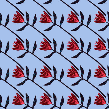 Bright seamless pattern with red abstract tulip flowers. Blue background. Hand drawn stylized print. Great for wrapping paper, textile, fabric print and wallpaper. illustration.のイラスト素材