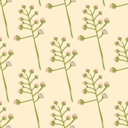 Tender cotton silhouette ornament seamless pattern. Green twigs. Creative stylized artwork. Decorative backdrop for wallpaper, textile, wrapping paper, fabric print. illustration.のイラスト素材