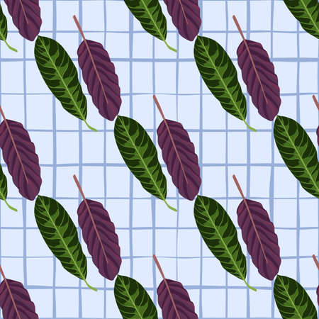 Botanic bright seamless pattern with hand drawn purple and green leaves silhouettes. Light blue background with check. Great for wallpaper, textile, wrapping paper, fabric print. illustration.のイラスト素材
