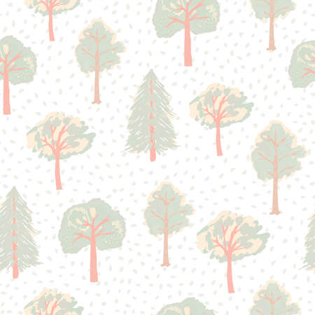 Pastel light isolated seamless pattern with soft purple tree silhouettes. White background. Stylized...