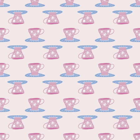 Seamless pattern with doodle cups and liquids. Pink and blue tone dishes with flower ornament. Pastel tone artwork. Great for wallpaper, textile, wrapping paper, fabric print. illustration.のイラスト素材