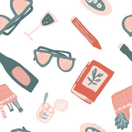 isolated pattern with elements for picnic in doodle style. Colorful ornament isolated on a white...
