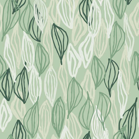 Pastel light pattern with white and green contoured leaf ornament. Soft green background. Decorative print for wallpaper, textile, wrapping paper, fabric print. illustration.のイラスト素材