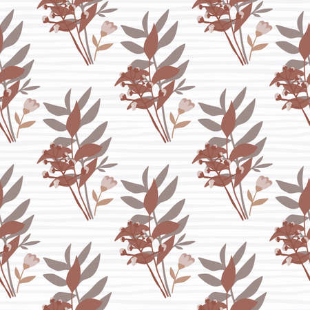 Seamless forest bouquet doodle pattern. White background with strips. Foliage silhouettes in brown and gray tones. Designed for wallpaper, textile, wrapping paper, fabric print. Vector illustration.のイラスト素材