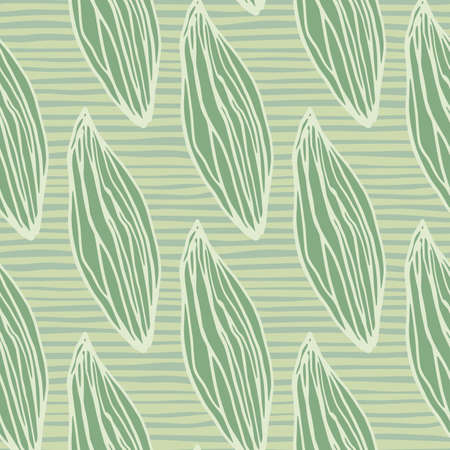 Pastel green leafs seamless hand drawn pattern. Stylized outline ornament with stripped background. Perfect for wallpaper, textile, wrapping paper, fabric print. Vector illustration.のイラスト素材
