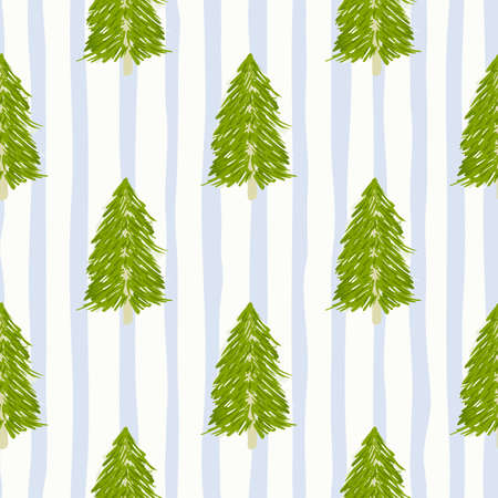 Fir tree silhouettes seamless doodle pattern. Green forest doodle ornament with blue and white strips. Designed for wallpaper, textile, wrapping paper, fabric print. Vector illustration.のイラスト素材