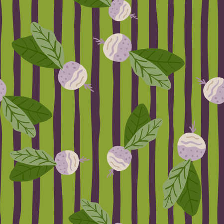 Seamless random pattern with radish simple silhouettes. Green and purple stripped background. Decorative backdrop for wallpaper, textile, wrapping paper, fabric print. Vector illustration.のイラスト素材