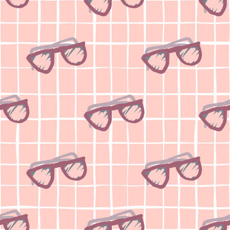 Purple sunglasses ornament seamless pattern. Doodle summer print with soft pink checkered background. Perfect for wallpaper, textile, wrapping paper, fabric print. Vector illustration.のイラスト素材