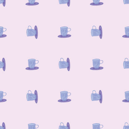 Minimalistic kitchen print with blue little tea cups. Light soft pink background. Hand drawn elements. Great for wallpaper, textile, wrapping paper, fabric print. illustration.のイラスト素材