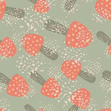 Random seamless hand drawn mushrooms pattern. Red amanitas simple silhouettes on gray background with splashes. Great for wallpaper, textile, wrapping paper, fabric print. illustration.のイラスト素材