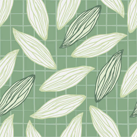 Random light green seamless doodle pattern. Outline botanic elements on pale green checkered background. Perfect for wallpaper, textile, wrapping paper, fabric print. Vector illustration.のイラスト素材