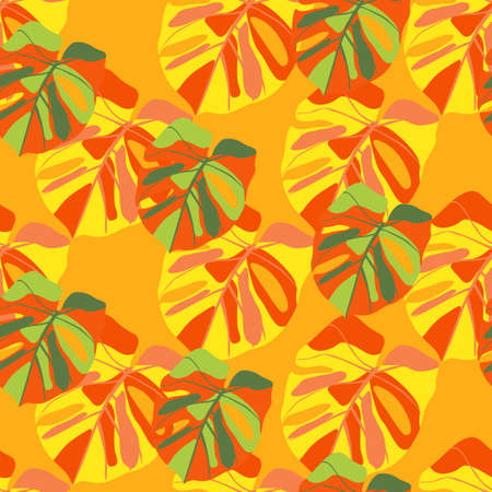 Bright summer exotic seamless pattern with monstera leafs. Orange and green tropical foliage print. Great for wallpaper, textile, wrapping paper, fabric print. Vector illustration.のイラスト素材