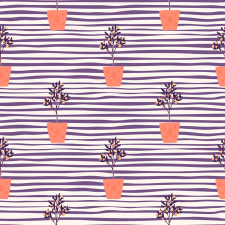 Bright decor seamless pattern with houseplants. Interiot botanic ornament with orange pots on purple stripped background. Designed for wallpaper, textile, wrapping, fabric print. Vector illustrationのイラスト素材