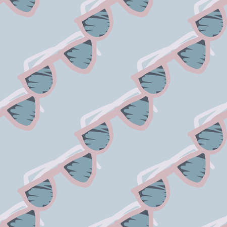 Diagonal sunglasses silhouettes seamless pattern. Blue soft background. Summer hipster style. Perfect for wallpaper, textile, wrapping paper, fabric print. Vector illustration.のイラスト素材