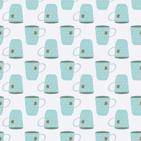 Isolated light blue tea cups doodle seamless pattern. White background. Simple kitchen style artwork. Decorative backdrop for wallpaper, textile, wrapping paper, fabric print. Vector illustration.のイラスト素材