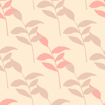 Tender vintage seamless pattern with leaf branches. Pink soft palette. Doodle hand drawn nature artwork. Great for wallpaper, textile, wrapping paper, fabric print. Vector illustration.のイラスト素材