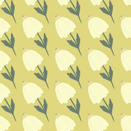 Simple doodle white flowers seamless pattern. Yellow background. Stylized botanic print. Designed for wallpaper, textile, wrapping paper, fabric print. Vector illustration.のイラスト素材