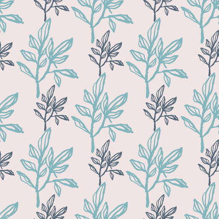 Hand drawn floral seamless pattern with branches. Foliage in navy and blue colors on light pastel background. Great for wallpaper, textile, wrapping paper, fabric print. Vector illustration.のイラスト素材