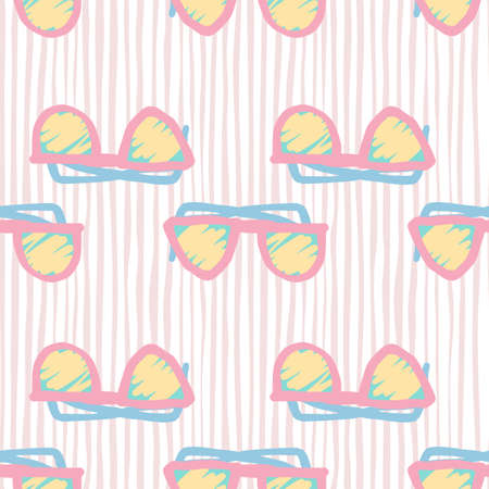 Sunglasses silhouettes seamless doodle pattern. Simple yellow and pink elements on stripped...