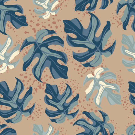 Random seamless doodle pattern with navy blue monstera silhouettes. Beige background with splashes. Decorative backdrop for wallpaper, textile, wrapping paper, fabric print. Vector illustration.のイラスト素材