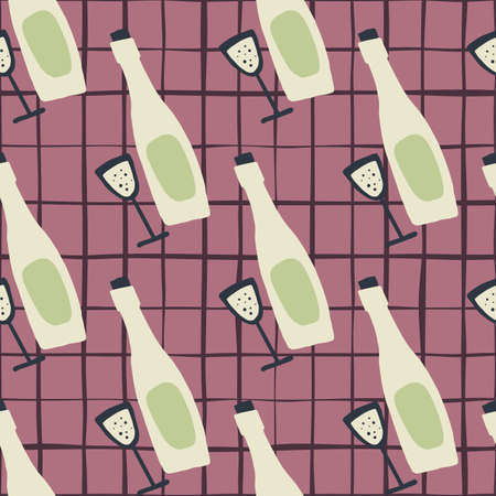 Abstract seamless pattern with wine bottles and glasses. Doodle simple print in light and green tones on pink checkered background. For wallpaper, textile, wrapping, fabric print. Vector illustrationのイラスト素材