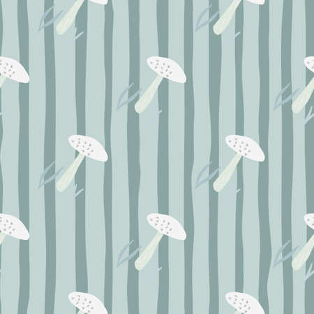 Simple white mushroom silhouettes seamless doodle pattern. Stripped background in blue pastel tones. Designed for wallpaper, textile, wrapping paper, fabric print. Vector illustration.のイラスト素材
