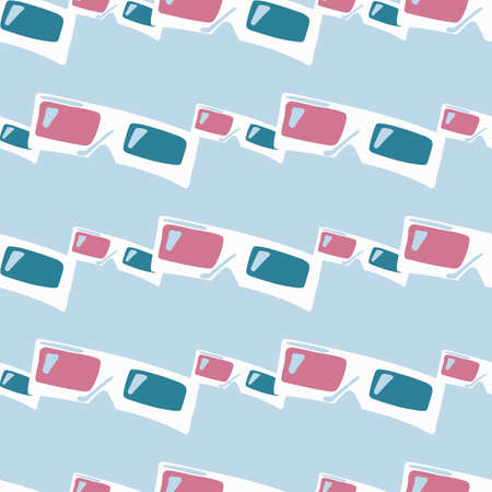 Pink and blue tones 3D glasses silouettes seamless pattern. Lighr soft blue background. Simple...