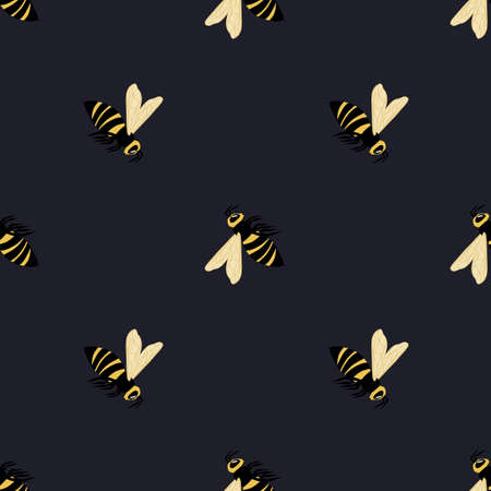 Simple animal seamless pattern with bee ornament. Hand drawn wasp in black and yellow colors on navy blue background. Perfect for wallpaper, textile, wrapping paper, fabric print. Vector illustration.のイラスト素材