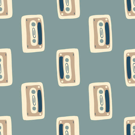 Beige cassette ornament seamless doodle pattern. Pastel navy blue background. Minimalistic music theme print. Decorative backdrop for wallpaper, textile, wrapping paper, fabric. Vector illustration.のイラスト素材