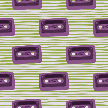 Purple cassette doodle seamless pattern. Disco print on green stripped background. Hipster print....