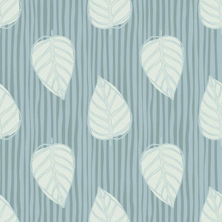 Light blue outline leaves ornament seamless pattern. Stripped background. Simple botanic backdrop. Perfect for wallpaper, textile, wrapping paper, fabric print. Vector illustration.のイラスト素材